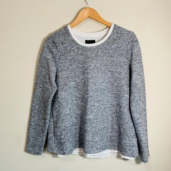 Lumiere Heather Gray Faux White Shirt Underneath Split Back Sweater Size Small - Picture 1 of 7